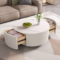 Table basse ronde en pierre frittée blanche de 29,5 po avec 2 tiroirs de rangement et roulettes, table d'appoint mobile moderne pour salon