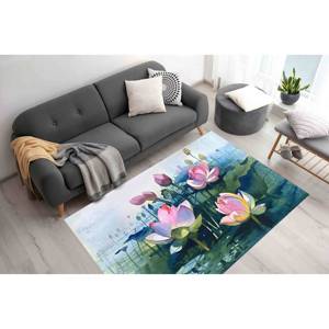 Tapis Fleur de Lotus : Tapis imprimé avec motif botanique aquarelle, tapis à poils doux - Product Image 3