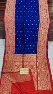Saris en soie de brocart pur sur mesure, idéaux pour la revente par les créateurs de vêtements et les créateurs de mode en sari bleu et bordure rose - Product Image 6