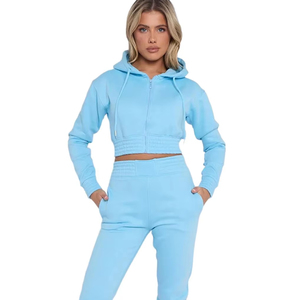 Premium Women's Crop Tracksuit <b>Set</b> Trendy Crop Hoodie Joggers 2-Piece <b>Set</b> for Casual Sporty Fitness Look Short Tops 100% Cotton - Product Image 1