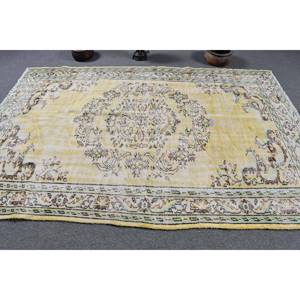พรมตุรกีวินเทจคลาสสิกสีเหลืองเบจ5.6x8.5ฟุตขนสัตว์แฮนด์เมดดีไซน์งานเย็บปะสำหรับข้างเตียงทรงสี่เหลี่ยมผืนผ้าด้านหลังทำจากยาง - Product Image 3