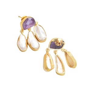 Pendientes de Perlas de Lujo con Piedras Preciosas Pulimentadas, Revestimiento Dorado Brillante y Joyería de Calidad Artesanal - Product Image 4