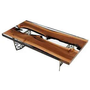 天然IU餐桌平板木材，顶部透明环氧树脂和餐厅用铁腿