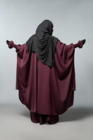 Ensemble Abaya Deux Pièces Modeste Grande Taille Respirant en Polyester Nida Bordeaux avec Manches à Volants Froncés Confortable Coupe Ample Longueur au Sol