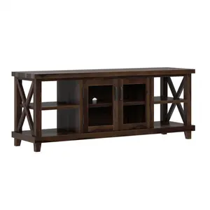 Fast Shipping Baize TV Media Stand With Glass Door Cabinet Rustic Coffee Color For Livingroom