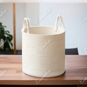 <b>Large</b> Sustainable Cotton Rope Hand Woven Modern Multi-Purpose Storage <b>Basket</b> with Handle for Baby Laundry Clothing Wardrobe - Product Image 2