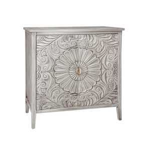 Hand Carved Floral Mandala Accent Storage Cabinet Distressed <b>White</b> Wash for Home <b>Bar</b> Living Room Bedroom School for Villa - Product Image 2