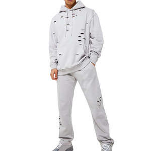 Ensemble de survêtement décontracté personnalisé en coton respirant brodé pour l'hiver, avec sweat à capuche et pantalon de survêtement effet vieilli, fabriqué par le fabricant - Product Image 1