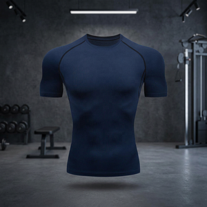 T-shirt de compression à manches courtes pour homme, bleu marine, coupe ajustée, séchage rapide, sportif, col rond, tricoté en polyester - Product Image 3
