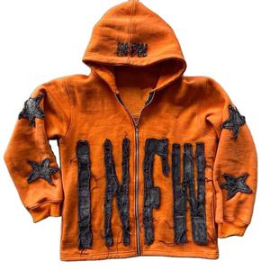 Unisex Heavyweight Distressed Embroidery Cut Sew Zipper Vintage Patch Hoodie Custom Logo <b>Men's</b> Acid Oversized Clothing - Product Image 3
