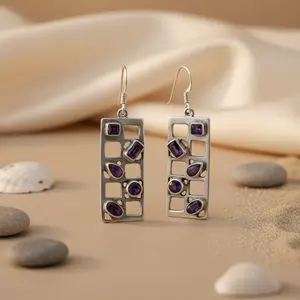 Boucles d'oreilles en argent 925 plaqué or avec améthyste pour femmes, bijoux élégants à pendentif avec perle et diamant pour mariages, fêtes, cadeaux - Product Image 1