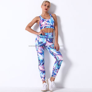Conjuntos de gimnasio de sublimación sin costuras para mujer de alta calidad, pantalones cortos de Yoga con patrón a cuadros, ropa deportiva, ejercicio de talla grande para mujer - Product Image 4