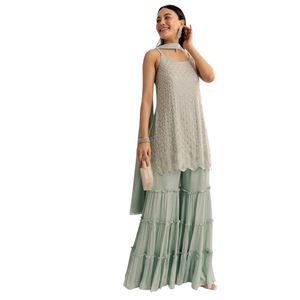 ชุดสีเขียวมิ้นท์สีเขียว Chinon kurta พร้อม cutdana, Moti และ Choker dupatta เครื่องแต่งกายชาติพันธุ์เทศกาลพรีเมี่ยมสำหรับผู้หญิง - Product Image 1