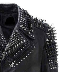 Custom Studded <b>Black</b> Leather <b>Jacket</b> <b>Men</b> Motorbike Rock Punk Style Silver Spike Detailing Genuine Leather Motorcycle Outerwear - Product Image 3