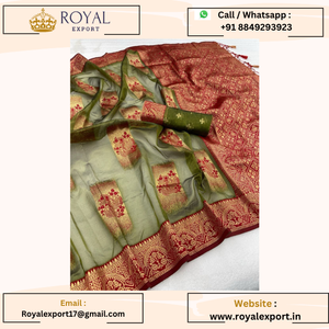 Superbe sari en organza doux Banarasi pur de couleur verte avec chemisier en brocart épais - Product Image 5