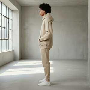 Ventes en gros de survêtements personnalisés avec logo brodé, molleton lourd 480 GSM, lavage à l'acide, imprimé, blanc, surdimensionné, à épaules tombantes, pour hommes, beige - Product Image 3