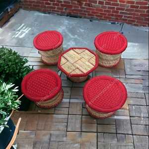 Ensemble de tabourets pouf en osier rotin de canne en bambou mobile de qualité supérieure avec table salon café utilisation intérieure et extérieure restaurants - Product Image 2