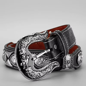 Ceinture Western en Cuir de Vachette Vintage de Luxe avec Strass et Cristaux, Ornée de Clous en Alliage, pour Hommes et Femmes – Vente en Gros Usine - Product Image 6