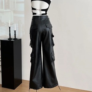 2024 Punk Y2K Estilo negro PU cuero nueva moda Pantalones Cargo holgados para mujeres ropa de diseñador New Rock pantalones de pierna ancha para mujer - Product Image 2