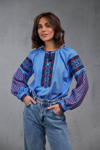 Ukrainien bleu coton lin avec broderie robe à manches longues pour les femmes élégant longue robe en plein air décontracté robe pour les femmes - Product Image 5