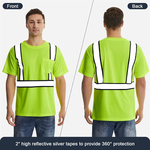 เสื้อยืดเซฟตี้แบบยูนิเซ็กซ์ สีเขียวมะนาว แถบสะท้อนแสง กระเป๋าหน้าอก ผ้าฝ้าย พิมพ์ลาย UV สำหรับงานอุตสาหกรรม - Product Image 3