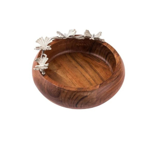 Handcrafted Mango Wood Bowl <b>Dining</b> Table Centerpiece Serving Bowl With Silver Metal Accent Snack Serving Bowl For Sale - Product Image 1