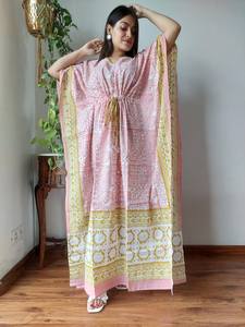 Relaxed Fit <b>Womens</b> <b>Kaftan</b> Maxi <b>Dress</b> Lightweight Ethnic Floral Print Cotton Tropical Geometric Pattern with Logo on Back - Product Image 2