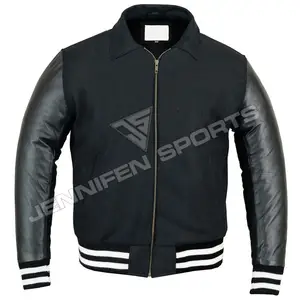 Men Varsity Jacket Wool Shell ,Leather Sleeves,Zip's Closing With Inside Quilted Lining And Ribbed Cuffs,Bottom Of Jacke