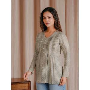 Camiseta de Mujer Estilo Coreano, 100% Algodón Tejido Transpirable, con Botones y Diseño de Puntos, Tallas XS XXS, Color Gris Verde, Top Corto de Algodón Butti - Product Image 3