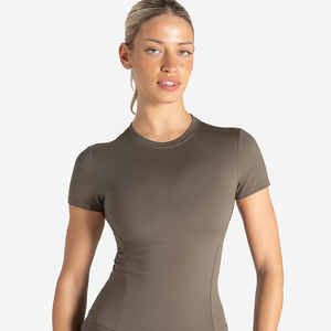 Lo último en camisetas de gimnasio de mujer de color topo con logotipo personalizado, camiseta elástica de manga corta con cuello redondo de poliéster, nueva camiseta informal de entrenamiento de Yoga - Product Image 2
