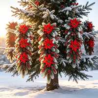 Guirlande de Noël en aiguilles de pin floquées, décoration artificielle suspendue pour les fêtes, décorations rouges avec baies florales et cônes de pin pour porte et fenêtre
