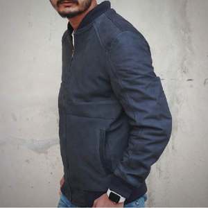 Chaqueta de bombardero de gamuza para hombre, chaqueta de cuero de oveja Real con cierre de cremallera, cuello acanalado, puños acanalados, forro de poliéster, ropa de abrigo elegante - Product Image 5