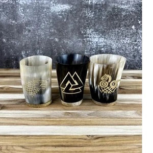 Ensemble de cor à boire Viking poli de qualité supérieure verre court corne de buffle naturelle corne de boeuf agate texturée Style animal - Product Image 2