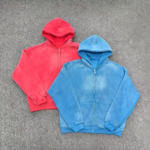 Custom Black Vintage Wash <b>Fleece</b> Hoodie <b>Jacket</b> Unisex Winter Solid 100% Cotton Boxy Style Anti-Pilling Drop Shoulder Acid Washed - Product Image 2