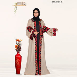 <b>Women</b> Linen Open Front Abaya with Elegant Embroidered Panel Design Plus Size Modest Evening Party Wear - Product Image 3