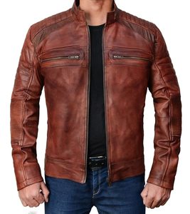 Veste en cuir pour homme, style scooter vintage, respirante et enduite, style sportif, col montant, veste de moto de rue, cuir de vache - Product Image 1