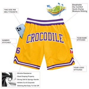 Shorts de basket-ball brodés personnalisés 100% polyester respirant en toile style hip-hop imprimé pour hommes taille mi-haute avec cordon de serrage - Product Image 5