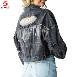 Chaqueta vaquera corta para motocicleta personalizada de último diseño decorada con perlas para mujer, Chaquetas vaqueras con estilo para mujer - Product Image 4