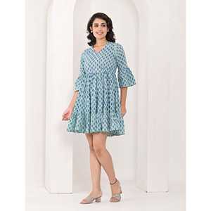 Vestido de algodón con estampado de bloques y cintura imperio, casual y transpirable, con diseño de aberturas, ideal para el día del club o días festivos. Tallas disponibles: XS-5XL. - Product Image 3