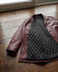 Manteau d'hiver pour homme en cuir véritable d'agneau bordeaux, style vintage indien, fermeture éclair 3/4, col montant, doublure matelassée - Product Image 4