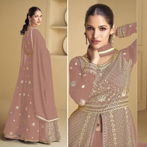 Anarkali semicosido de primera calidad en Fox Georgette con trabajo de puntada bordada en la parte delantera y trasera | Ropa de fiesta con Dupatta pesada - Product Image 1