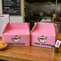 Boîte d'emballage personnalisée rose pour poulet, boîte alimentaire en papier à emporter pour ailes de poulet frites, restaurant de restauration rapide avec poignée