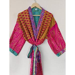 Bohemian Recycled Silk Kimono <b>Women's</b> Daily Life <b>Beach</b> <b>Cover</b>-<b>Up</b> Robe India Sari Silk Patchwork Summer Dress Autumn Spring - Product Image 3