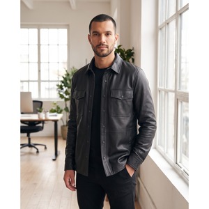 Chemise en cuir pour homme, surchemise en cuir d'agneau, boutons-pression sur le devant, poches poitrine, veste en cuir véritable, logo personnalisé, OEM, vente en gros - Product Image 5