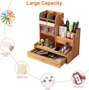 Wooden Desk <b>Organizer</b> with <b>Drawer</b> & 10 Compartments for Home Table <b>Organizer</b> For Study Table Multipurpose Stationary <b>Organizers</b> - Product Image 3