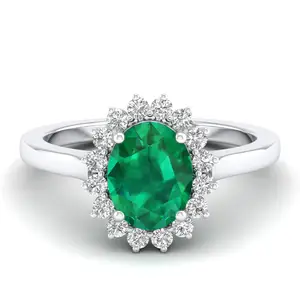 雷耶斯简约女性14k白金圆形切割2克拉祖母绿宝石光环戒指接龙订婚莫桑石礼品戒指
