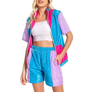 Femmes de haute qualité coton coupe-vent ensemble court motif solide col montant veste fermeture éclair taille élastique Shorts respirant - Product Image 4