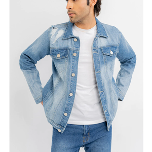 Nouveau style de veste en jean bleue pour hommes veste en jean de bonne qualité à manches longues et col montant veste en jean au design personnalisé - Product Image 1