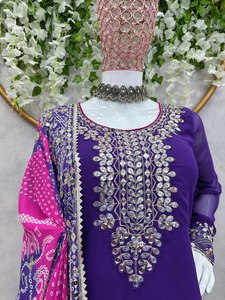 Vente en gros d'élégance georgette et velours miroir travail longue longueur Plazo Kurti ensemble filles costume de fête avec Dupatta - Product Image 3