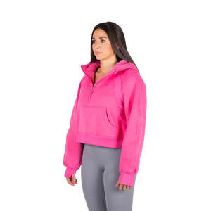 Stay Cozy Stylish Women's Eco-Friendly Winter <b>Long</b> Sleeve Turtleneck Zipper-Up Short Pink <b>Hoodie</b> for Casual Outing - Product Image 5